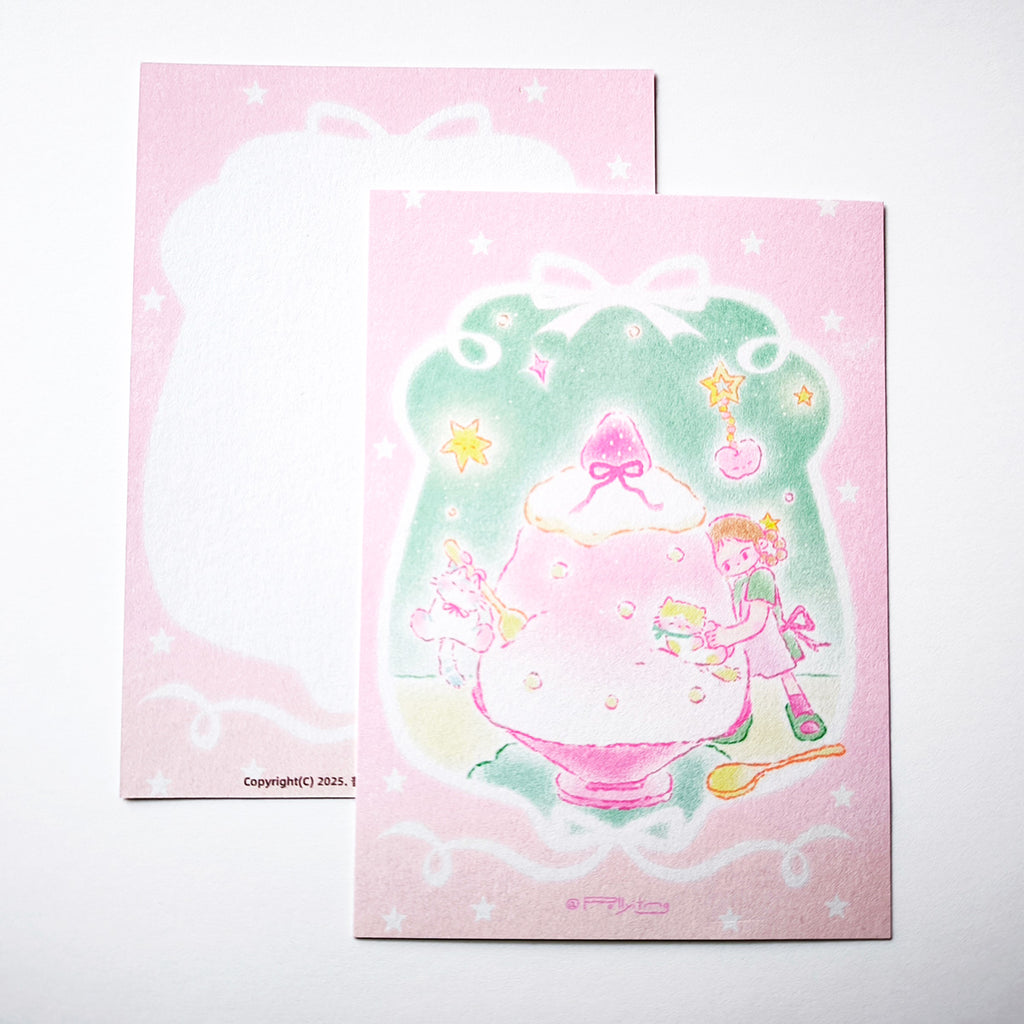"A Spoonful of Summer Chill" Original Postcard – Shaved Ice Cat Illustration