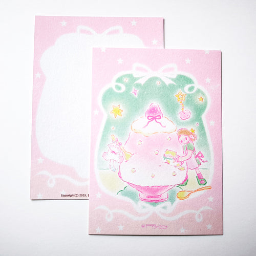 "A Spoonful of Summer Chill" Original Postcard – Shaved Ice Cat Illustration