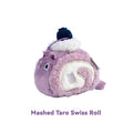 Plush toy resembling a cat swiss roll with purple body and white face on a white background