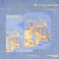 Illustrated postcard design with a coffee shop and people with umbrellas on a blue textured background.